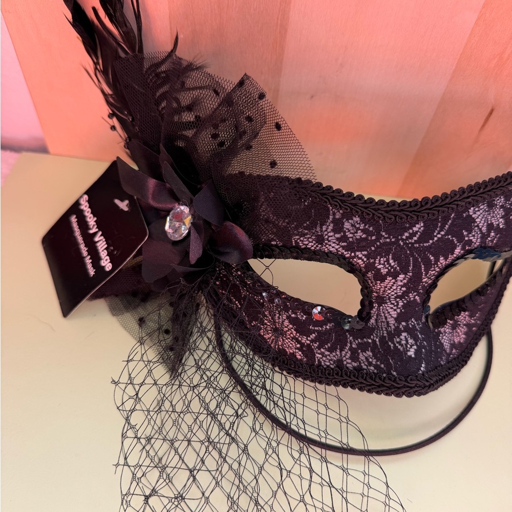 Nice Black Lace Masquerade Mask with Floral Accent and Feathers